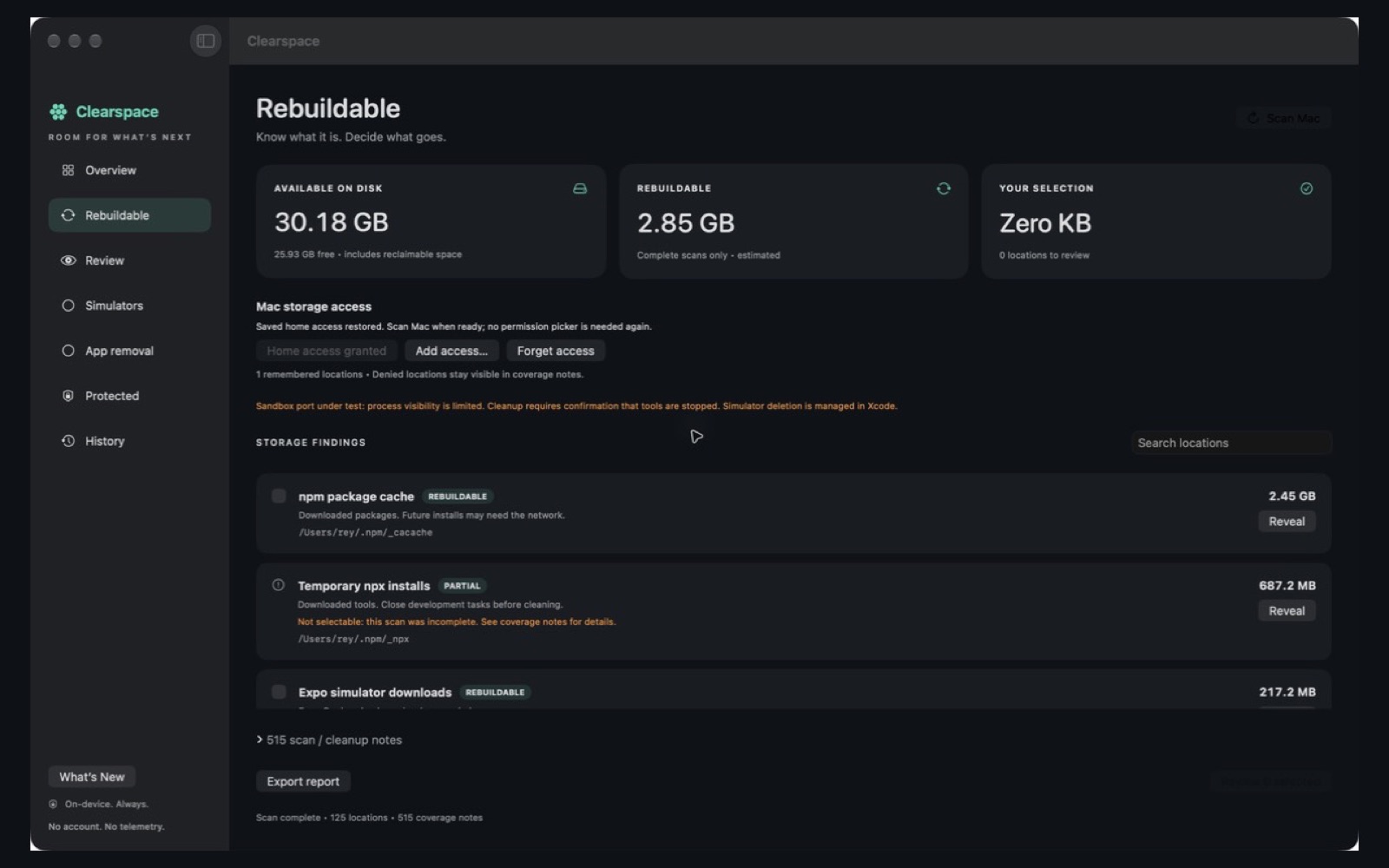 Clearspace Rebuildable view listing npm package cache, npx installs and Expo downloads with sizes