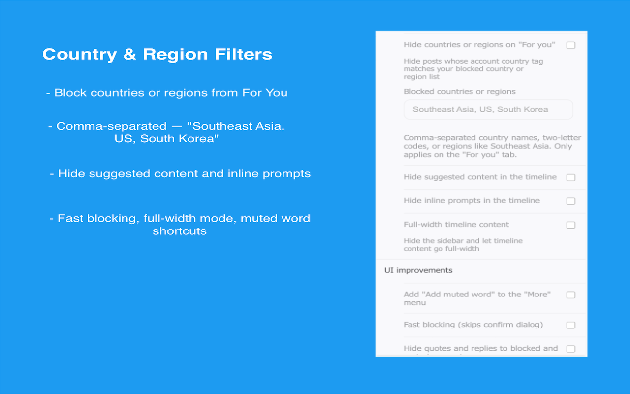 Country and region filters with UI improvements